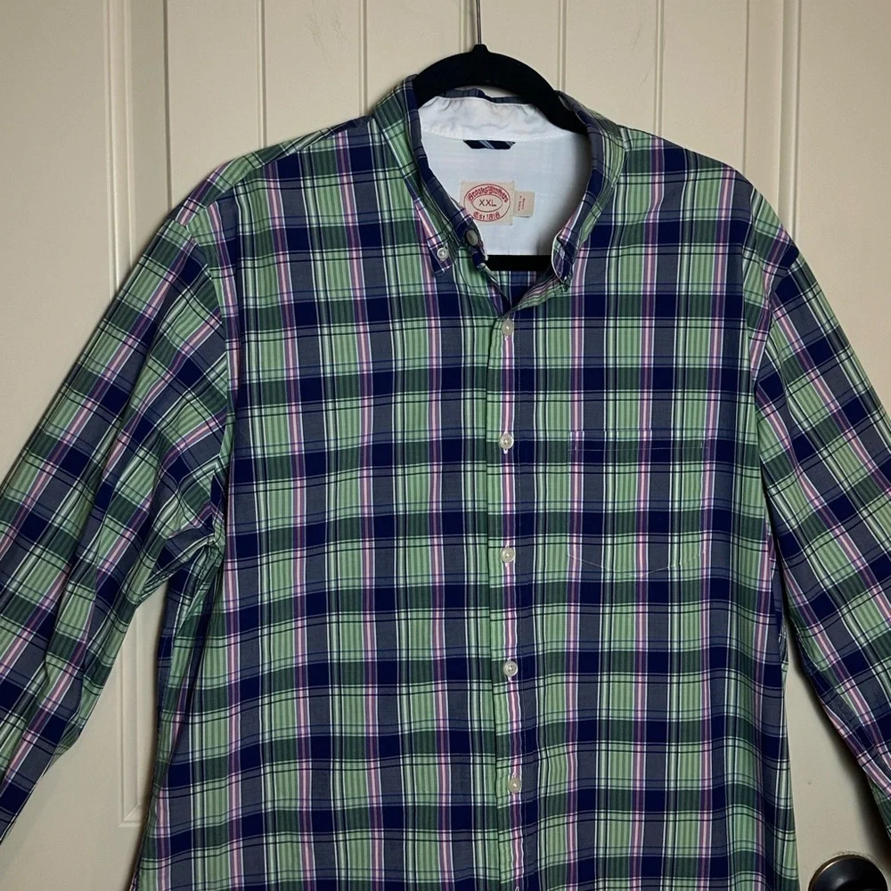 Brooks Brothers Button Up Shirt XXL Long Sleeve Blue Green Plaid 100% Cotton